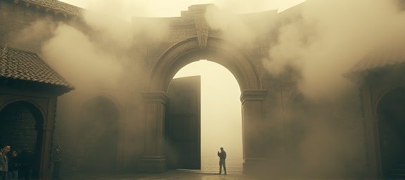 mysterious time travel, astonished, entering portal, photorealistic, ancient stone archway surrounded by fog, highly detailed, shimmering distortion, ultra-high definition, sepia tone, backlight, shot with a wide-angle lens.