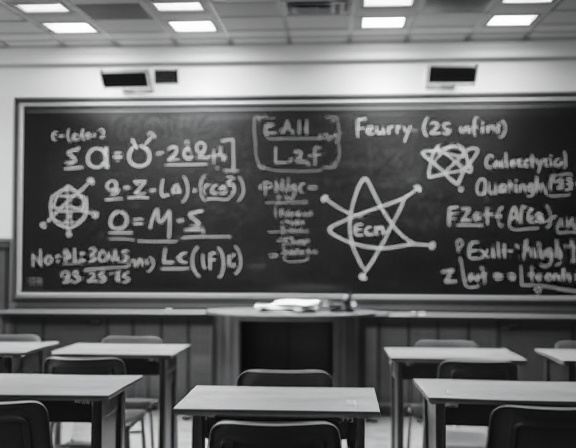 enigmatic quantum physics, thoughtful, theorizing, photorealistic, chalkboard-packed theoretical physics classroom, highly detailed, floating algebraic symbols, enhanced clarity, greyscale, soft spotlight, shot with a tilt-shift lens.