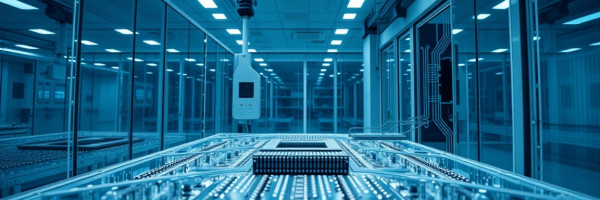 cutting-edge quantum computing, focused, assembling, photorealistic, sterile lab with glass walls, highly detailed, microchip exposures, 4k resolution, icy blue and white, LED spotlights, shot with a zoom lens.