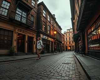 dramatic time travel, surprised, waking in another era, photorealistic, cobblestone street reminiscent of the 1800s, highly detailed, time lapse effect, full-frame capture, rich browns and earth tones, shadow play, shot with a fisheye lens.