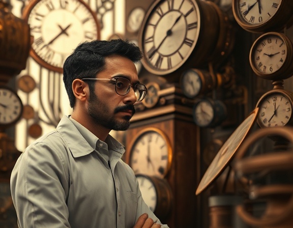 modern scientist, pondering expression, interacting in a time consultation, photorealistic, within a room filled with clocks and timepieces of various eras, highly detailed, suspended clock mechanisms and swirling timelines, shallow depth of field, sepia tones, soft diffused lighting, shot with a macro lens.