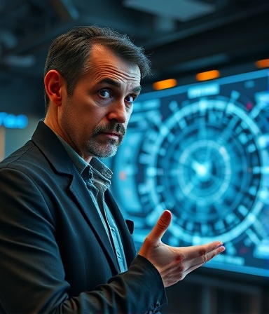 enigmatic consultant, inquisitive expression, explaining quantum time concepts, photorealistic, in a futuristic classroom with a large holographic time map, highly detailed, light particles floating around, high-definition clarity, neon accents, subtle backlighting, shot with a wide-angle lens.