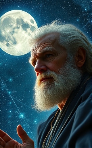 mystical advisor, focused expression, engaged in a consultation on quantum phenomena, photorealistic, under a starry sky with quantum field projections, highly detailed, shimmering quantum waves and energy fluctuations, hyper-realistic texture, deep indigo and gold, ethereal moonlight, shot with a fisheye lens.
