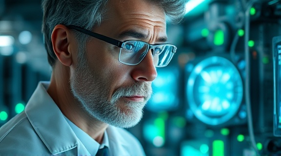 visionary scientist, contemplative expression, deciphering quantum time intricacies, photorealistic, in a lab filled with advanced quantum computers and oscillating sands, highly detailed, entangled particles and wavefronts, ultra-fine detail, silver and emerald, cool directional lighting, shot with a close-up lens.