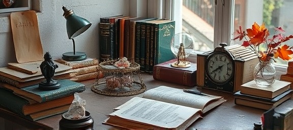 novelistic time consultant, speculative expression, sharing insights on consultation quantum theories, photorealistic, desk cluttered with vintage books and ethereal time crystals, highly detailed, spectral hues and temporal anomalies, precise, autumn shades, gentle natural lighting, shot with a standard prime lens.