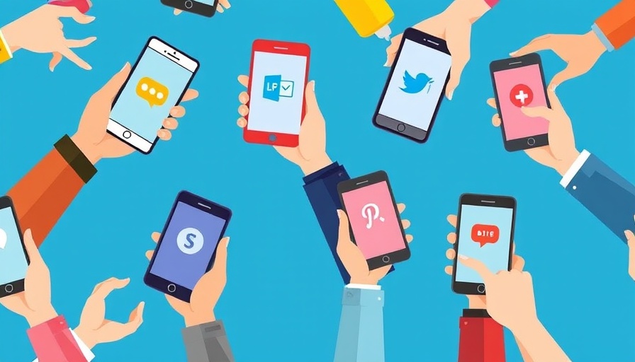 Diverse hands with phones showing social media icons representing mindful habits.