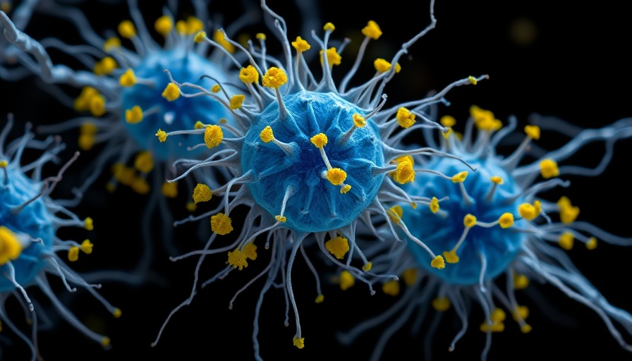 Microscopic view of cells depicting mitochondrial diseases with blue nuclei.