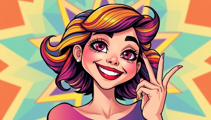 Surreal woman posing playfully against a starry abstract backdrop.