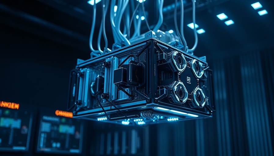 Futuristic quantum computer in dimly lit room; quantum computing.