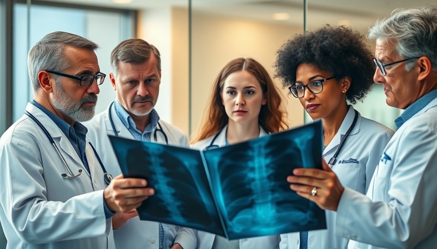 Medical professionals examining an X-ray in a conference room.
