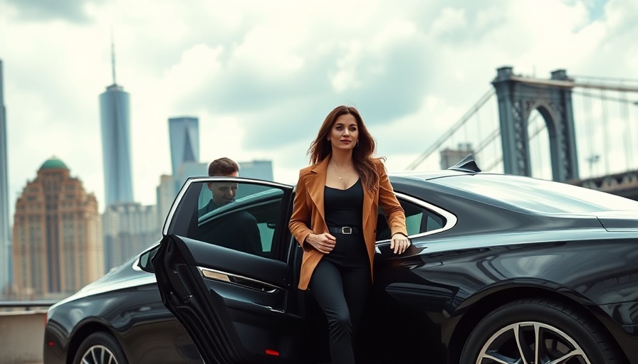 Stylish woman exits black car in urban setting, assisted by suited man.