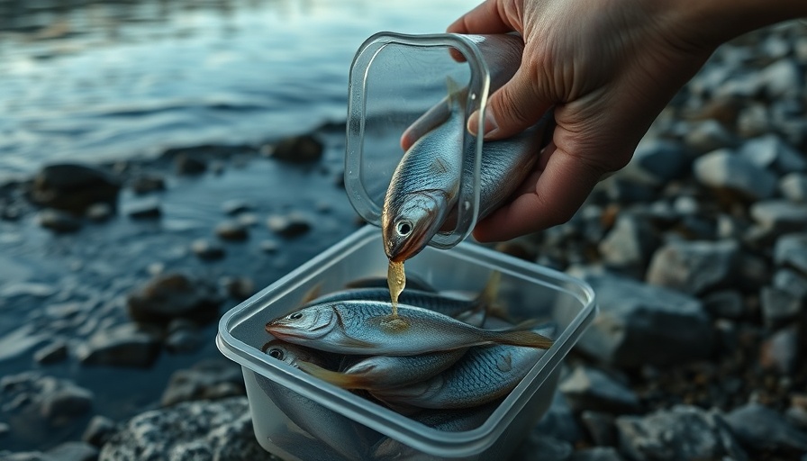 Nisg̱a’a Nation eulachon fishing, hand pouring fish by a river.