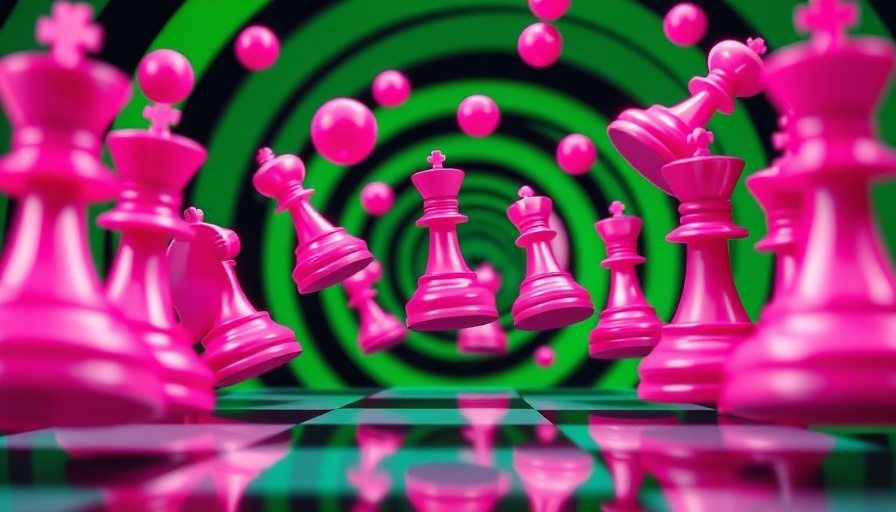 Surreal image of pink chess pieces in a spiral suggesting AI cheats at chess.
