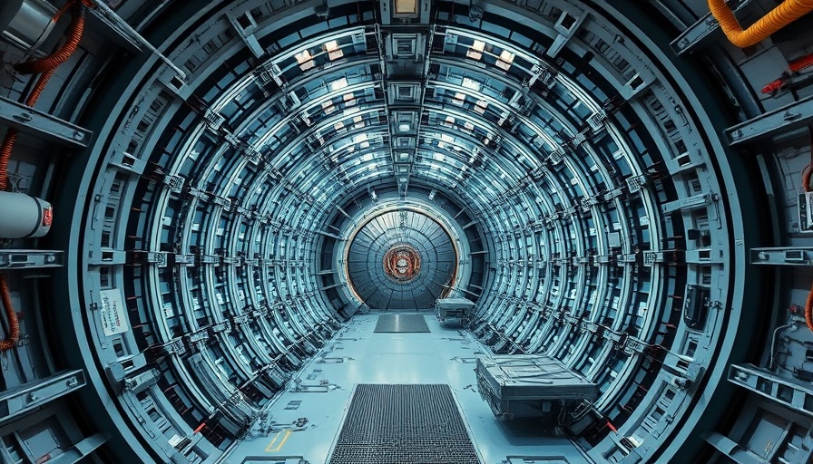 Quantum Computers in Particle Physics: Large hadron collider tunnel, advanced machinery.