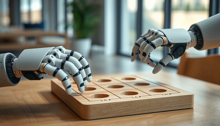 Gemini Robotics robotic hands playing tic-tac-toe on wooden board.