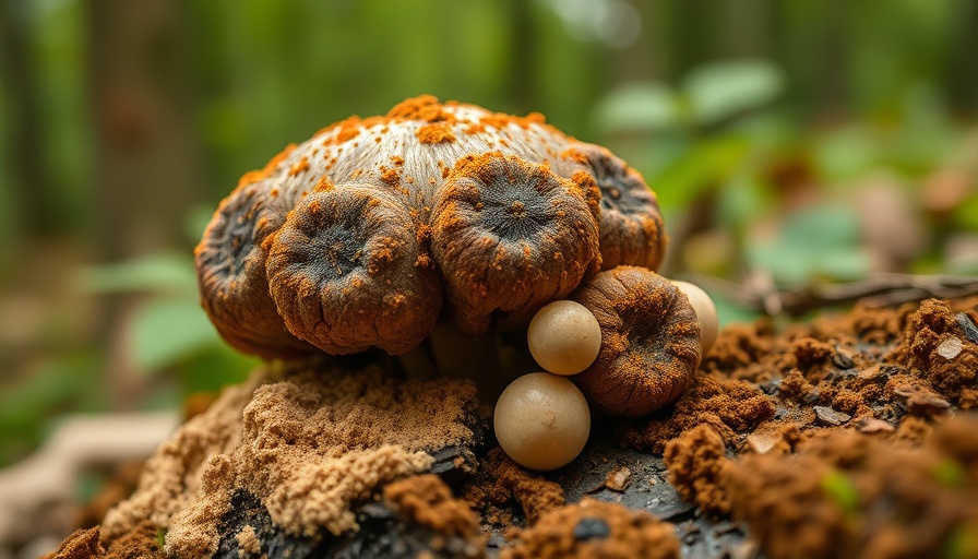 Natural chaga mushroom with powder and capsules in a forest setting.