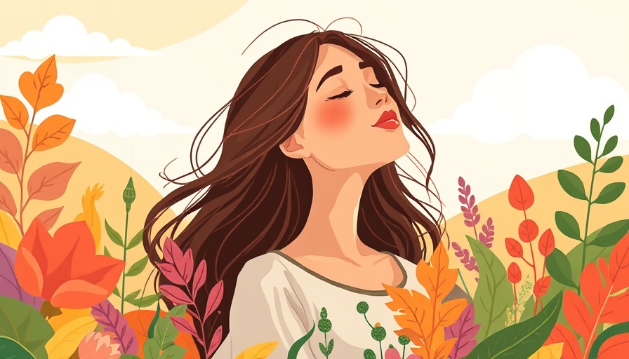 Stylized woman embracing nature with closed eyes, vibrant cartoon.
