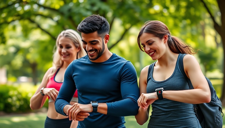 Active individuals using health gadgets in a sunny park.