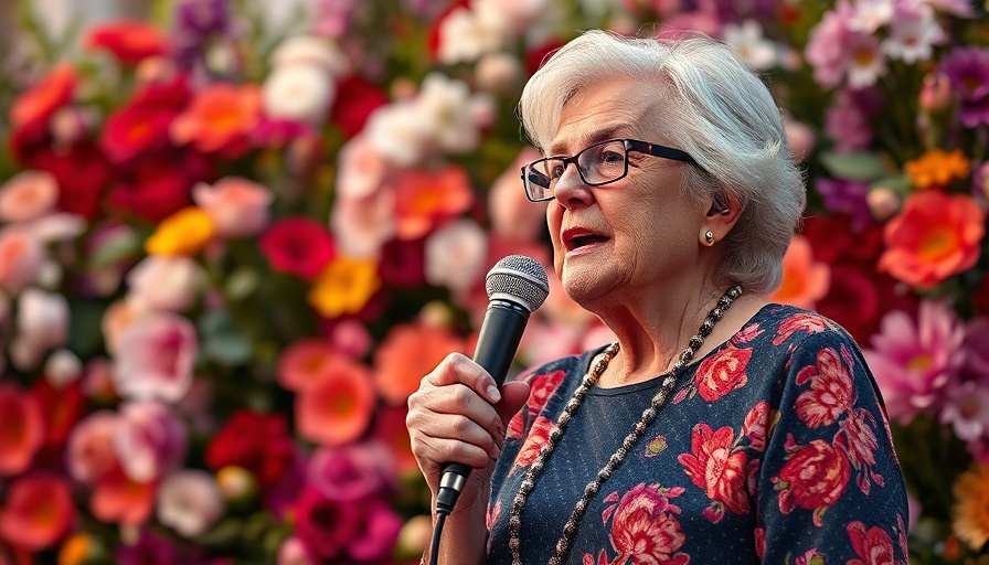 Elderly woman speaking in meditation and healing journey, floral background.