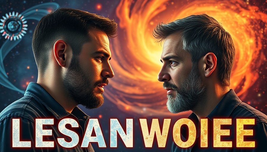 Spiritual Awakening discussion with two men against cosmic background.