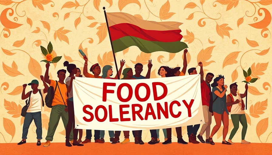 Illustration of a food sovereignty protest with banner and flag.