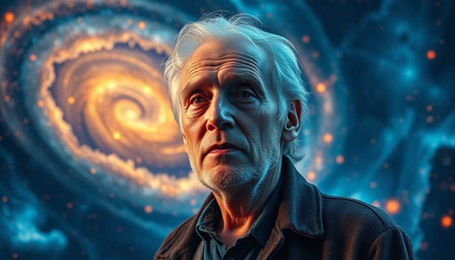 Serene elderly man in mystical cosmic setting reflecting Hermetic Principle of Mentalism.