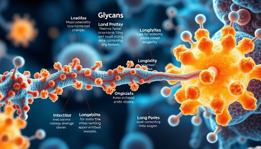 Diagram on glycans and aging depicting longevity concepts and cellular interactions.