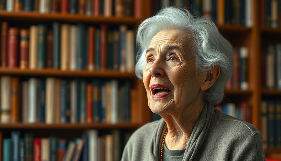 Elderly woman speaking passionately in a library setting, spiritual awakening.