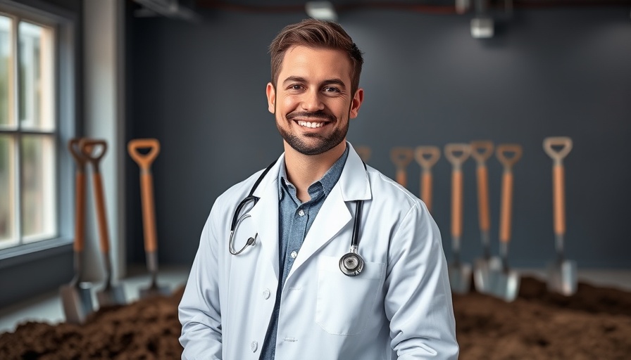 Man in medical coat discussing hair loss treatment next to graphic.