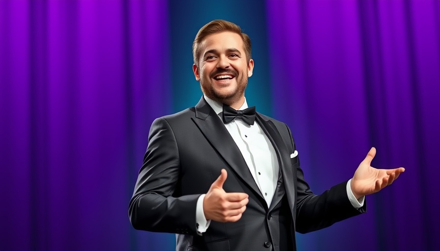 Cheerful man discussing personal growth on a vibrant purple and green background.