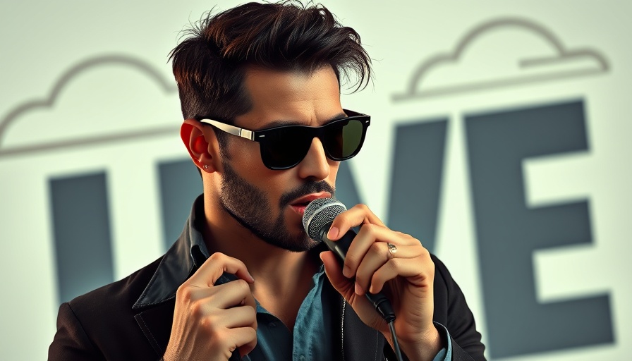 Man with sunglasses speaking into microphone with graphic backdrop.