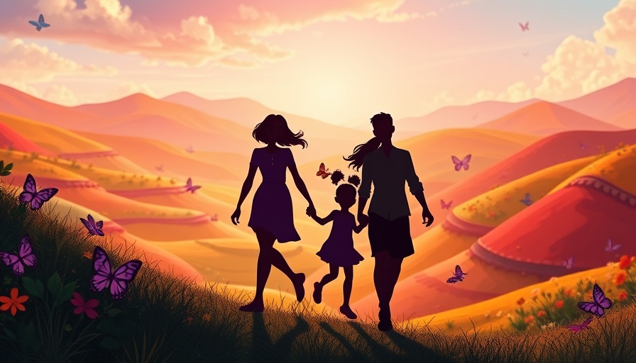 Joyful family walk in abstract landscape, joy in a monetized world theme.