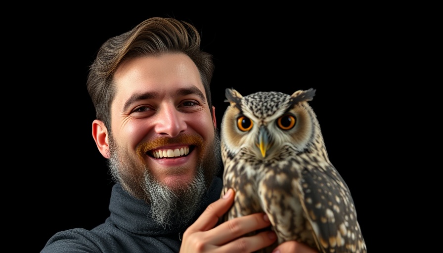 Healing from Grief: Bearded man smiling with owl, cinematic photo.