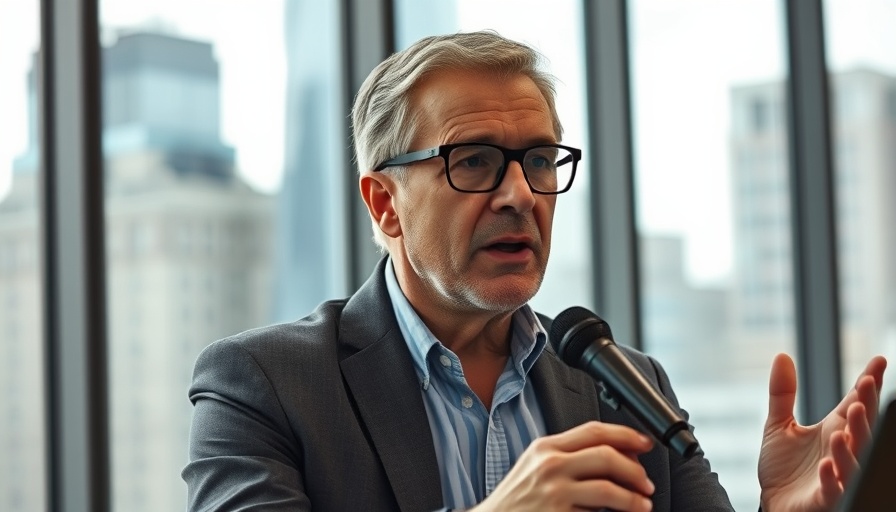 Middle-aged man discussing topics in a modern setting.