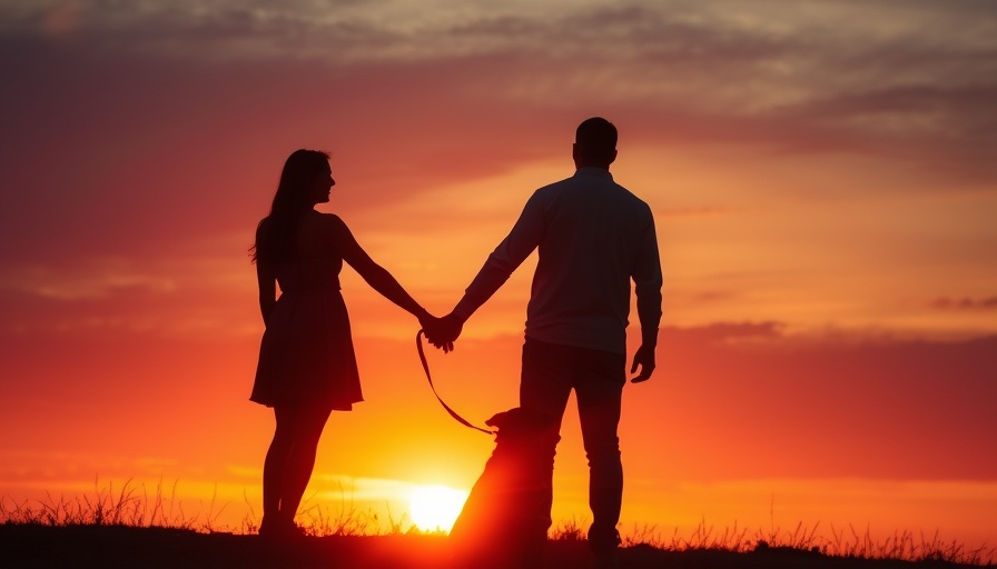 Transforming Grief: Silhouetted couple and dog holding hands at sunset.