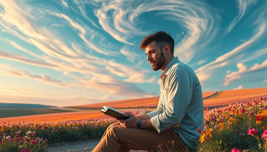 Serene man journaling outdoors in a vibrant surreal landscape
