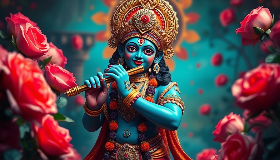 Colorful Hindu deity with flute, vibrant attire, roses around.