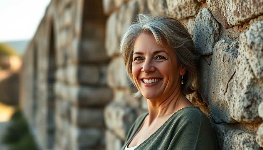 Confident mature woman smiling near ancient ruins, embodied success.