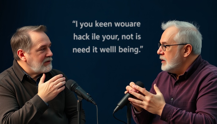 Two men discussing overcoming fatigue on a podcast with motivational quote.
