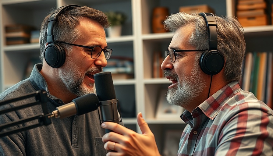 Middle-aged man podcasting on personal development, engaged expression.