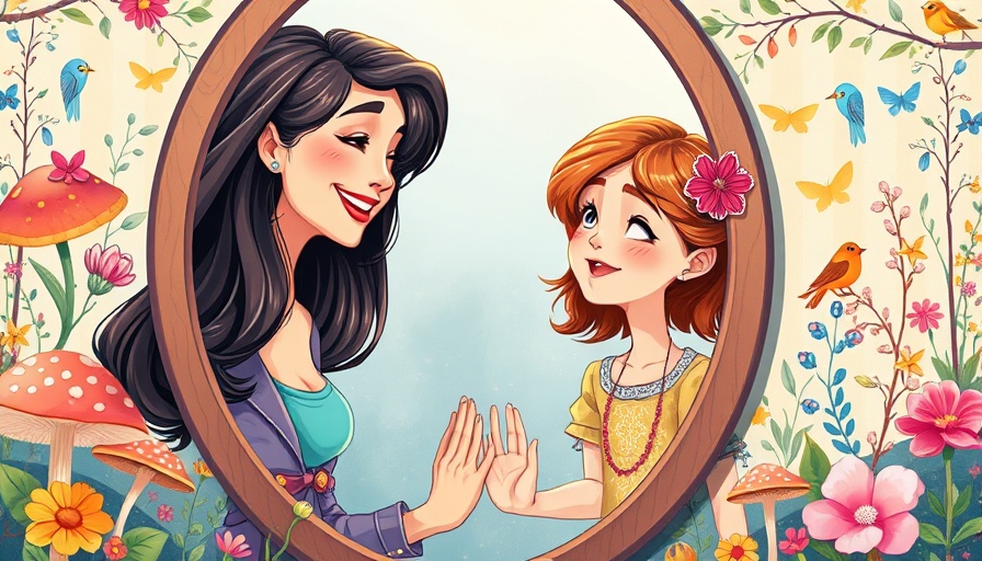 Illustration of inner child healing with a woman and girl in a mirror.
