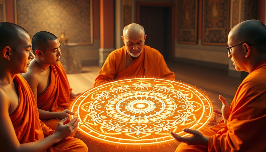The power of words and sound: Monks meditating with a glowing mandala.