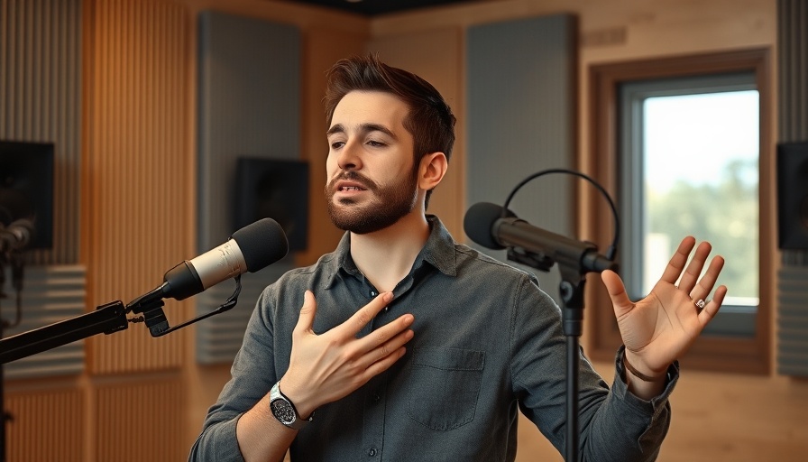 Man demonstrating breathing technique for stress relief in a podcast studio.