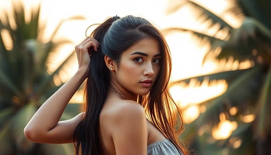 Woman adjusting ponytail outdoors, golden hour in tropical setting. Hair loss treatment.