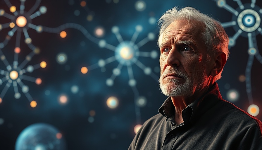 Quantum thinking concept with elderly man in cosmic sci-fi setting.