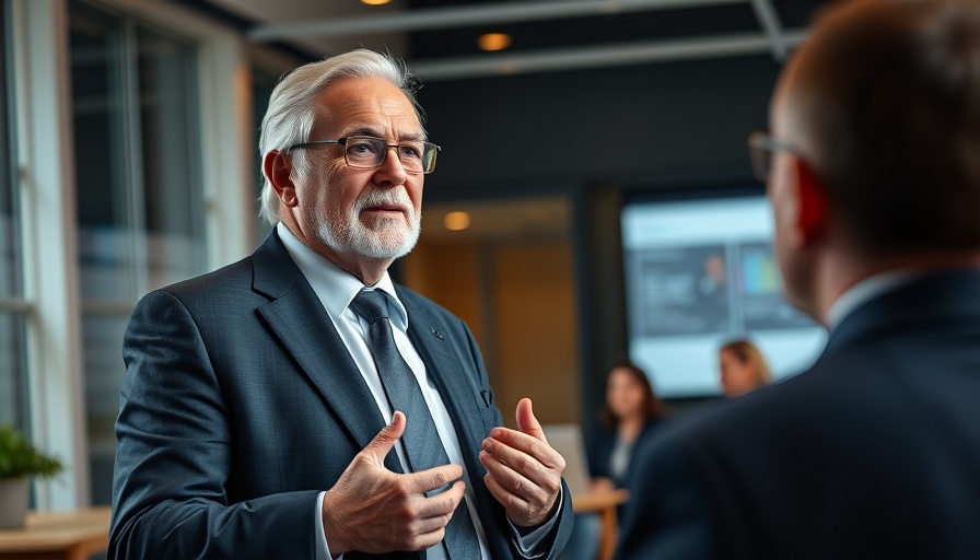 Elderly man presenting in office, highlighting making hard choices.
