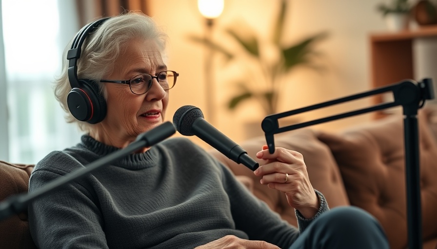 Engaging elderly woman podcasting on health optimization.