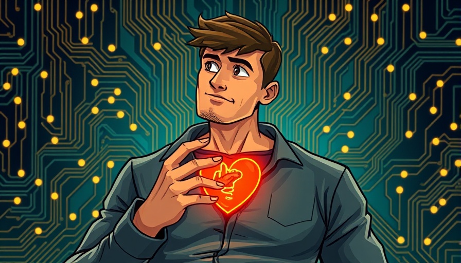 Cartoon of man with glowing heart, circuit background, exploring Why AI Can Never Replace Us.