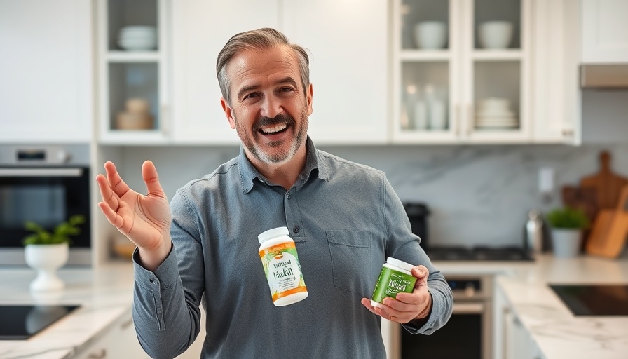 Middle-aged man demonstrating 3 Days Health Optimization products in a modern kitchen.