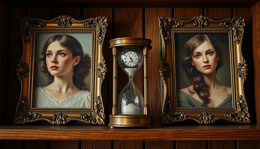 Vintage shelf with portraits, clock, and hourglass representing mindfulness practice for expanded consciousness.